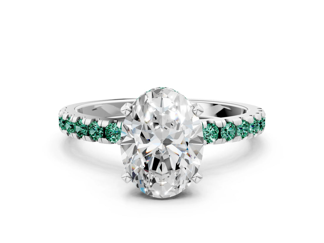 Platinum Oval Cut Diamond Solitaire Ring with Round with Green Sapphire side stone Pavé Band and Four-Prong Setting_12