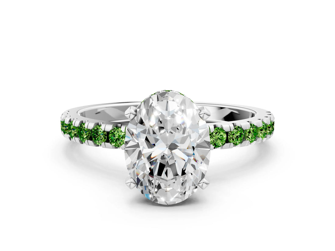 Platinum Oval Cut Diamond Solitaire Ring with Round with Peridot side stone Pavé Band and Four-Prong Setting_12