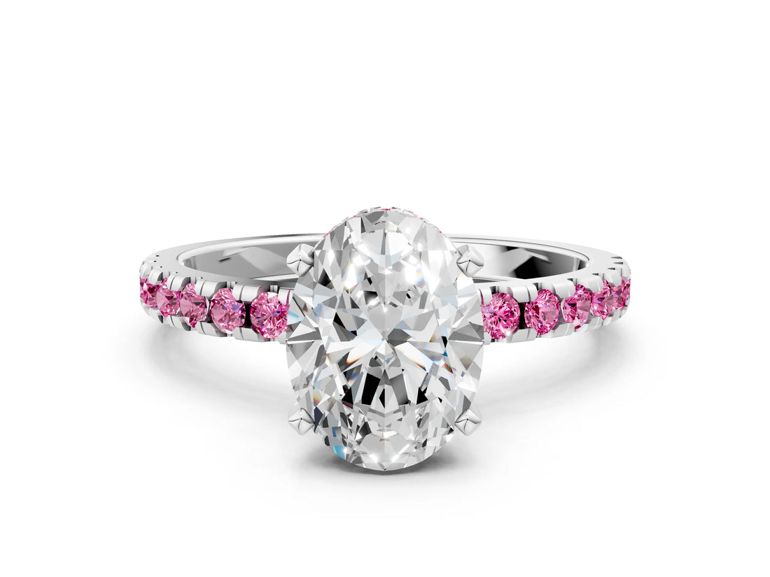 Platinum Oval Cut Diamond Solitaire Ring with Round with Pink Sapphire side stone Pavé Band and Four-Prong Setting_12
