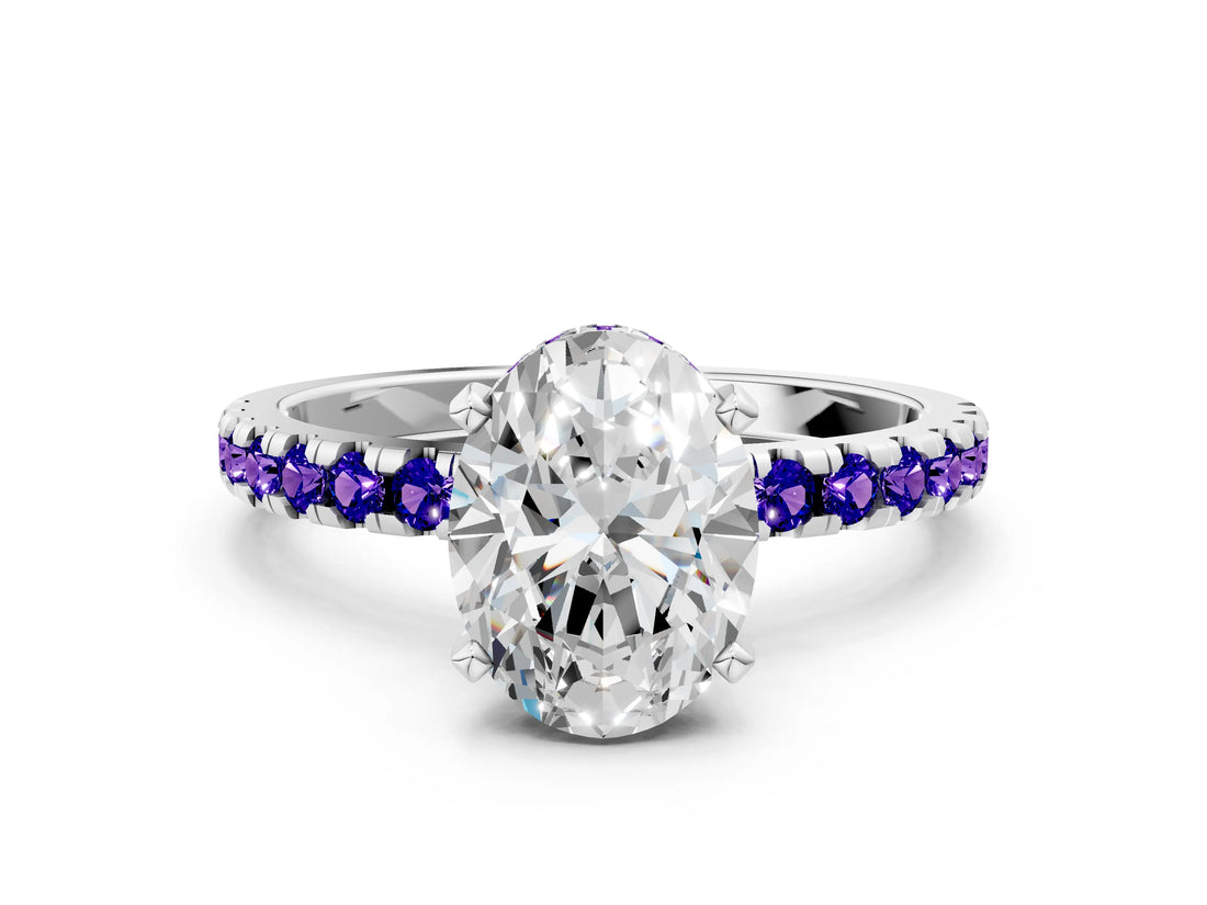 Platinum Oval Cut Diamond Solitaire Ring with Round with Tanzanite side stone Pavé Band and Four-Prong Setting_12