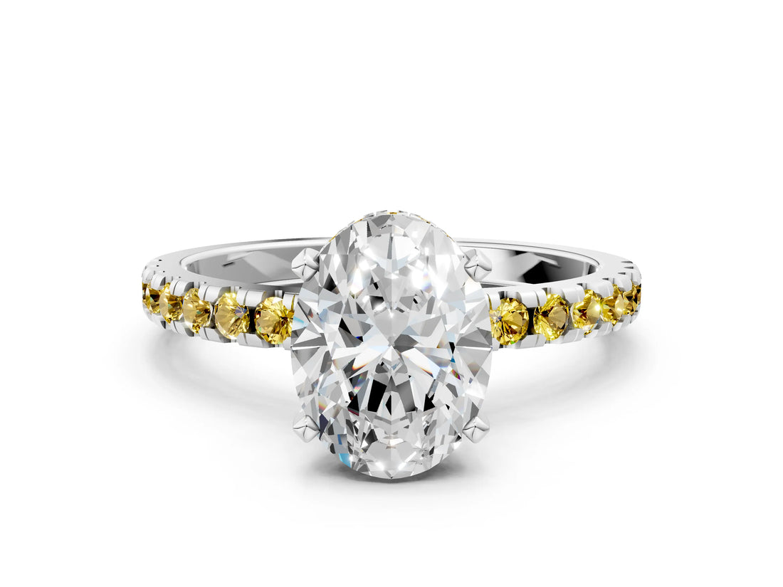 Platinum Oval Cut Diamond Solitaire Ring with Round with Yellow Sapphire side stone Pavé Band and Four-Prong Setting_12