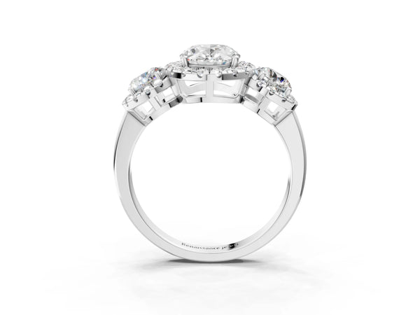 Platinum Oval Three Stone Halo Engagement Ring Setting