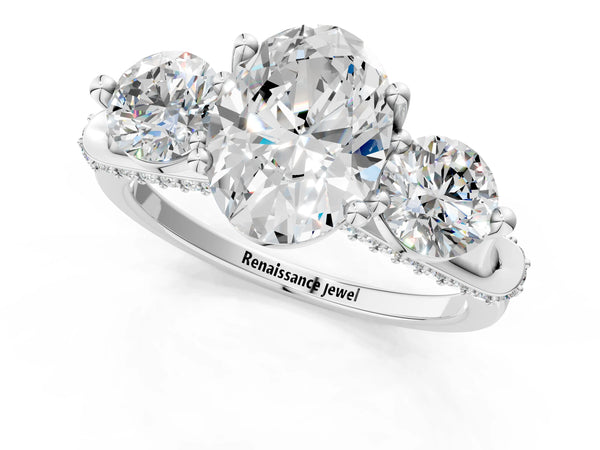 Platinum Oval Curved Pave Three Stone Engagement Ring Setting