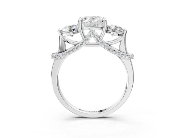 Platinum Oval Curved Pave Three Stone Engagement Ring Setting