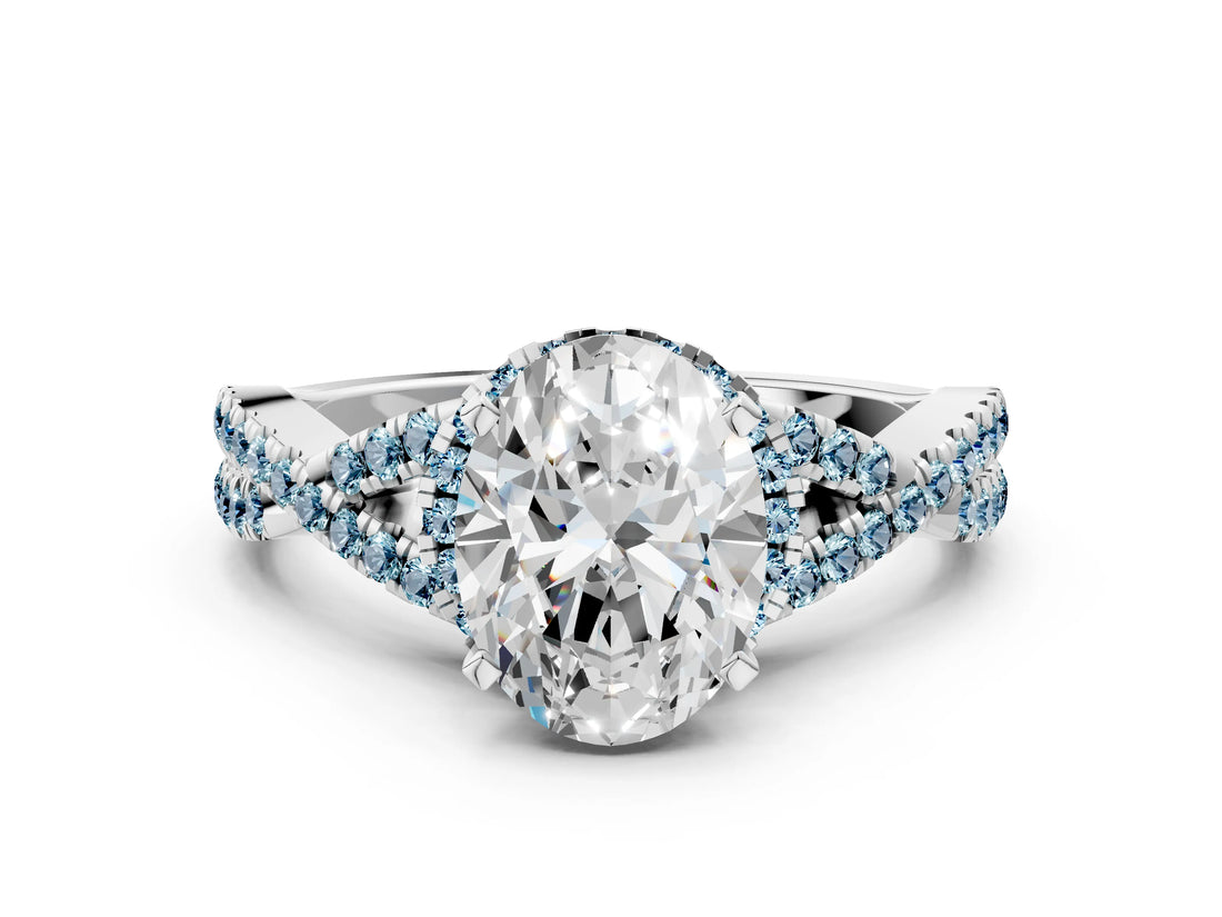 Platinum Oval Cut Diamond with Aquamarine side stone Halo Twist Band Solitaire Prong Setting Ring