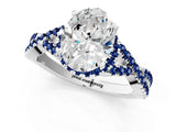 Platinum Oval Cut Diamond with Blue Sapphire side stone Halo Twist Band Solitaire Prong Setting Ring_1