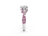 Platinum Oval Cut Diamond with Pink Sapphire side stone Halo Twist Band Solitaire Prong Setting Ring_2