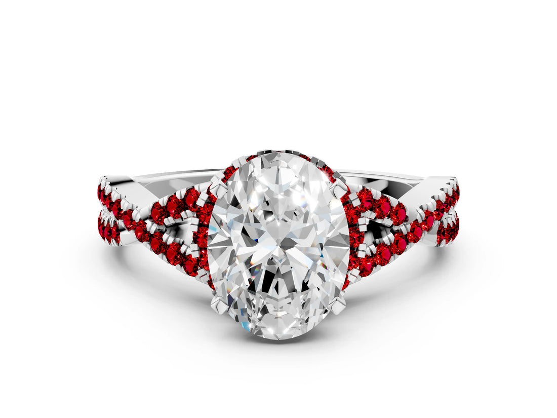 Platinum Oval Cut Diamond with Ruby side stone Halo Twist Band Solitaire Prong Setting Ring
