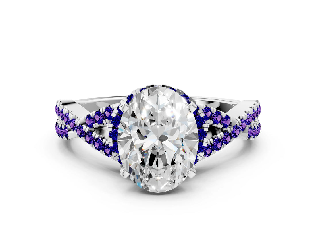 Platinum Oval Cut Diamond with Tanzanite side stone Halo Twist Band Solitaire Prong Setting Ring