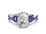 Platinum Oval Cut Diamond with Tanzanite side stone Halo Twist Band Solitaire Prong Setting Ring