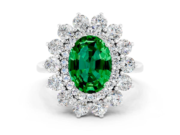 Platinum Oval Lab-Grown Emerald Floral Double Halo Engagement Ring with Plain Band