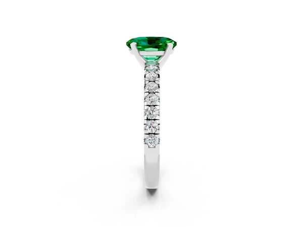 Platinum Oval Lab-Grown Emerald Solitaire Engagement Ring with Large Round Accent Band