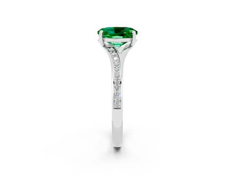 Platinum Oval Cut Emerald Solitaire Ring with Pavé Band and Prong Setting_14