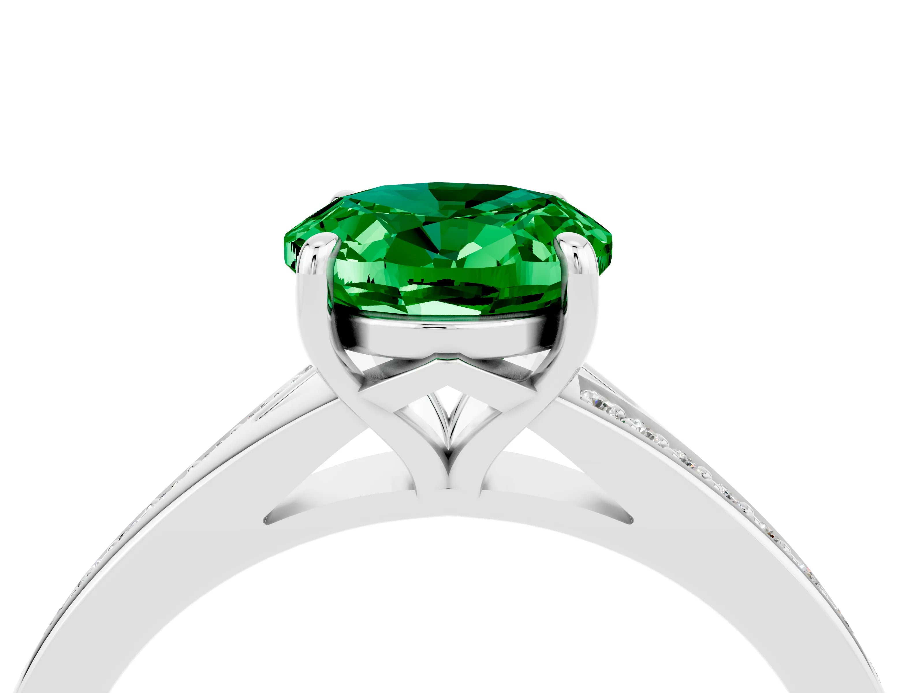 Platinum Oval Cut Emerald Solitaire Ring with Pavé Band and Prong Setting_16