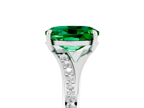 Platinum Oval Cut Emerald Solitaire Ring with Pavé Band and Prong Setting_17