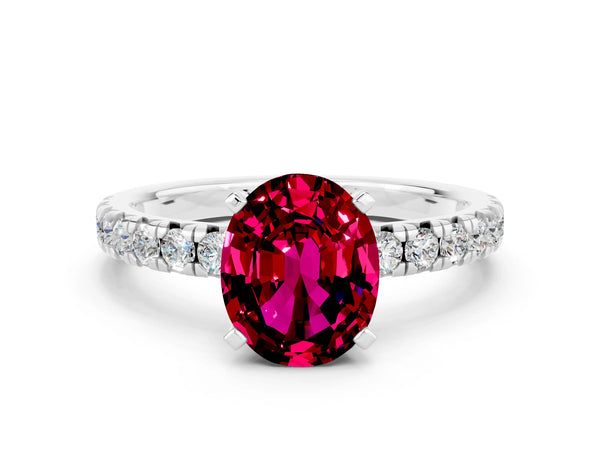 Platinum Oval Cut Garnet Solitaire Pavé Engagement Ring with Round Band and Prong Setting