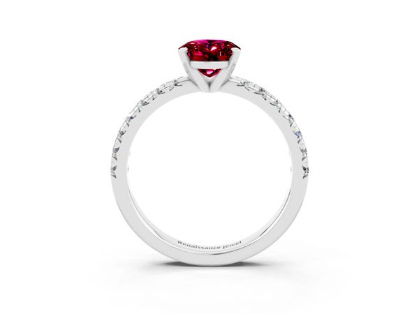 Platinum Oval Cut Garnet Solitaire Pavé Engagement Ring with Round Band and Prong Setting