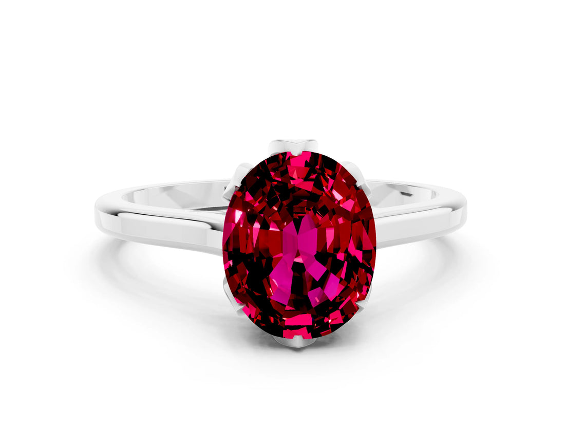 Platinum Oval Cut Garnet Solitaire Ring with Flower Prong Setting and Classic Band_12