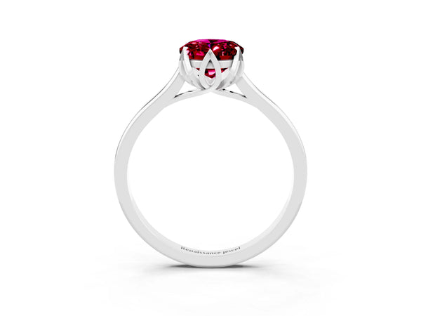 Platinum Oval Garnet Floral Solitaire Engagement Ring with Flower Prong Head and Plain Band