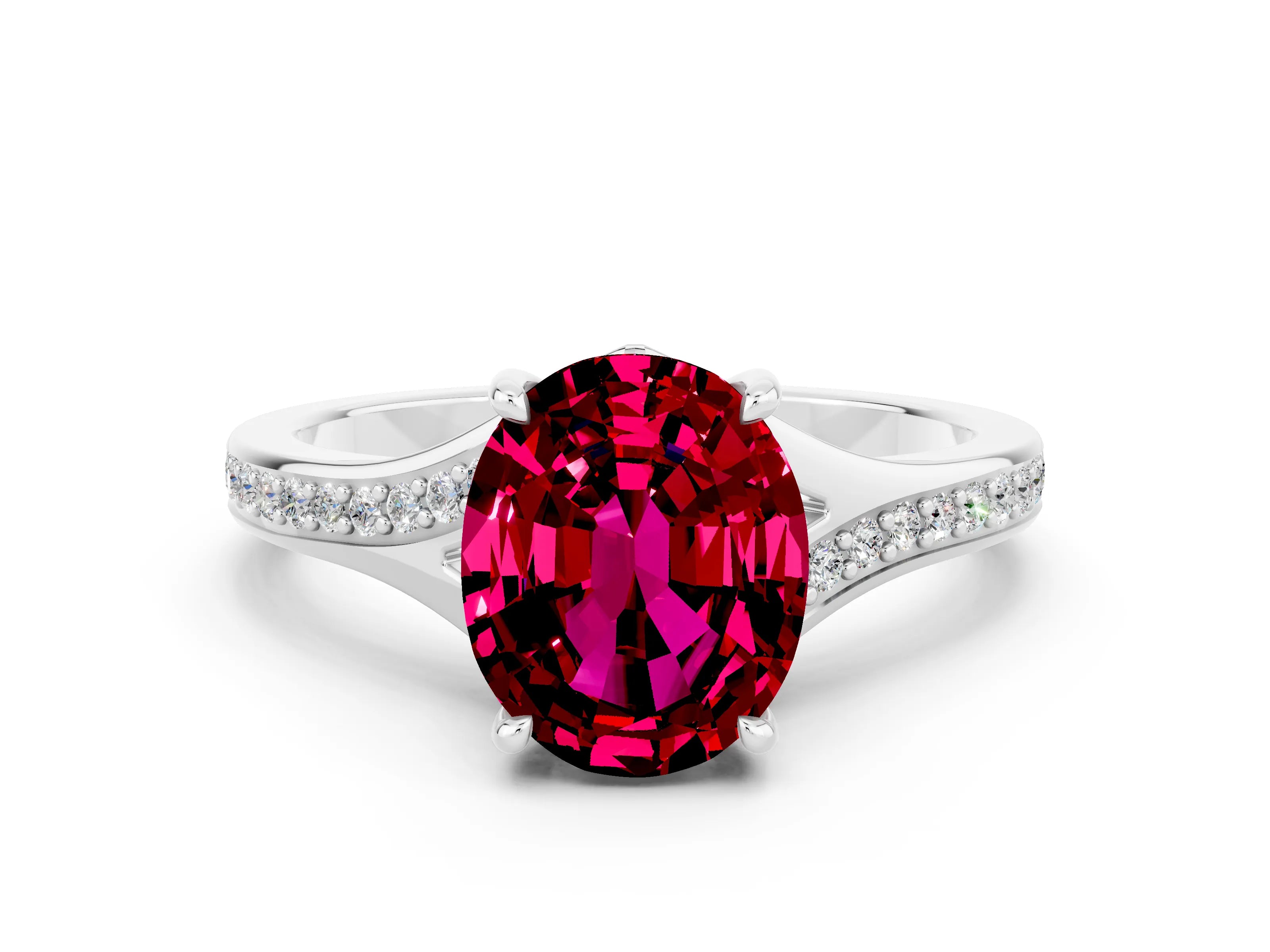 Platinum Oval Cut Garnet Solitaire Ring with Pavé Band and Prong Setting_12