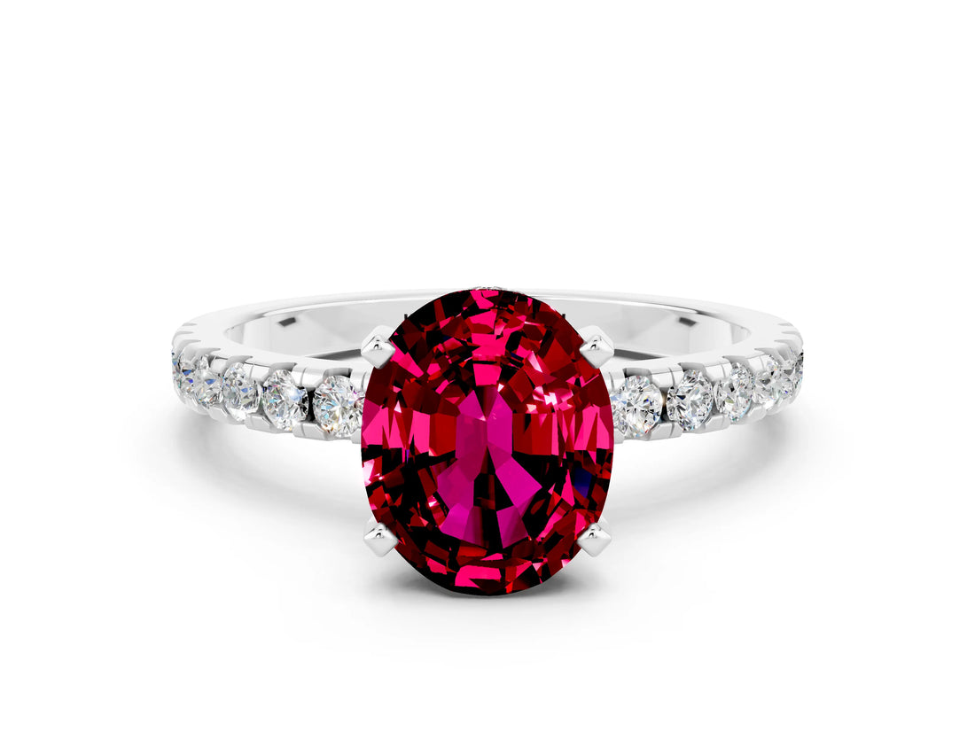 Platinum Oval Cut Garnet Solitaire Ring with Round  Pavé Band and Four-Prong Setting_36