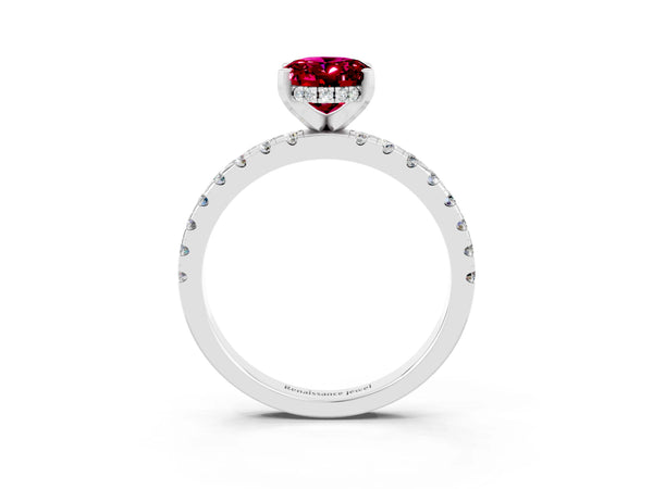 Platinum Oval Cut Garnet Solitaire Ring with Round Pavé Band and Four-Prong Setting