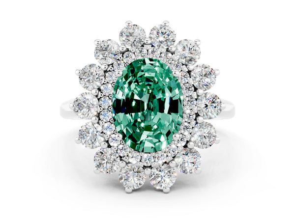 Platinum Oval Cut Green Sapphire Floral Double Halo Engagement Ring with Prong Setting