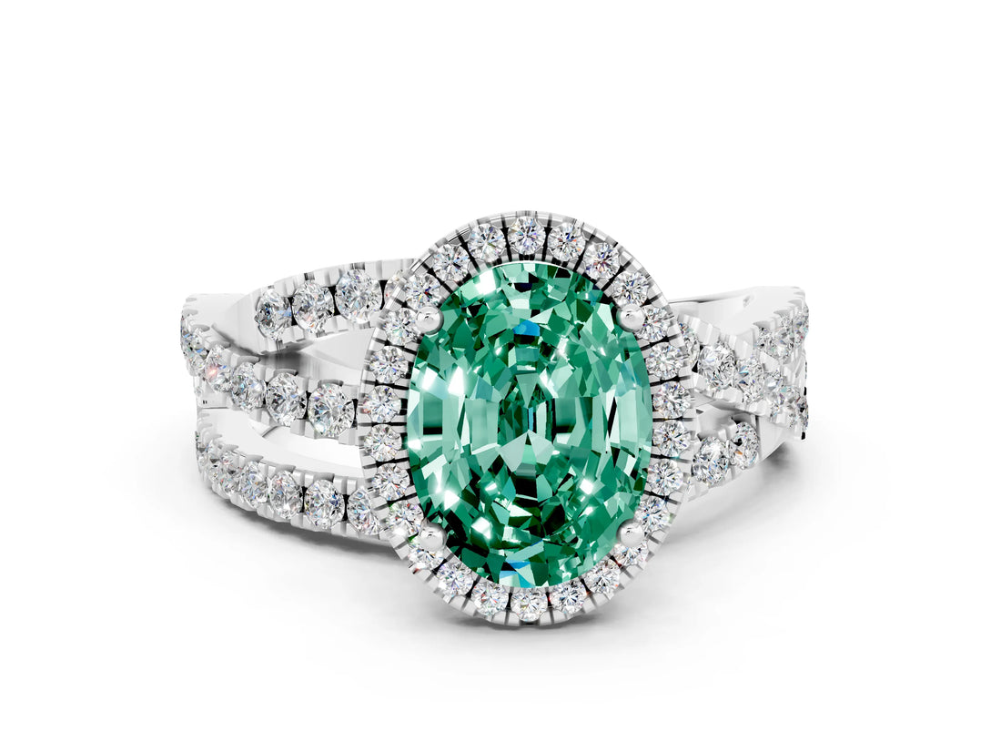 Platinum Oval Cut Green Sapphire Halo Ring with Round Split Shank and Prong Setting_66