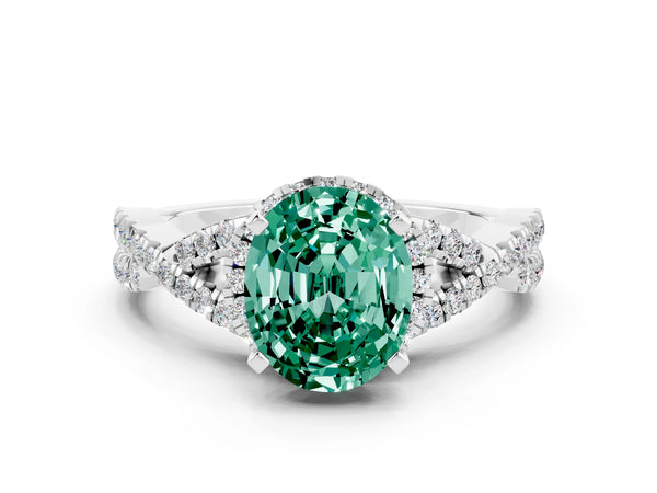 Platinum Oval Cut Green Sapphire  Halo Twist Band Solitaire Prong Setting Ring