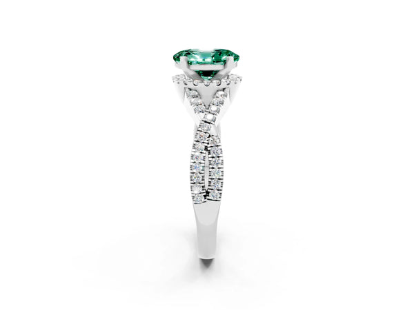 Platinum Oval Cut Green Sapphire  Halo Twist Band Solitaire Prong Setting Ring