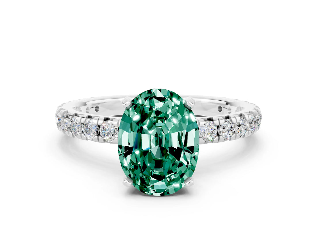Platinum Oval Cut Green Sapphire Pavé Solitaire Ring with Round Band and Prong Setting_42