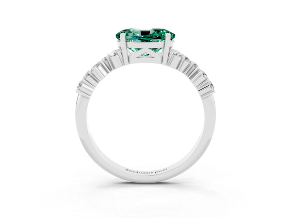 Platinum Oval Cut Green Sapphire Scattered Round Accent Ring with Prong Setting