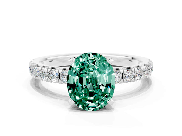 Platinum Oval Cut Green Sapphire Solitaire Pavé Engagement Ring with Round Band and Prong Setting