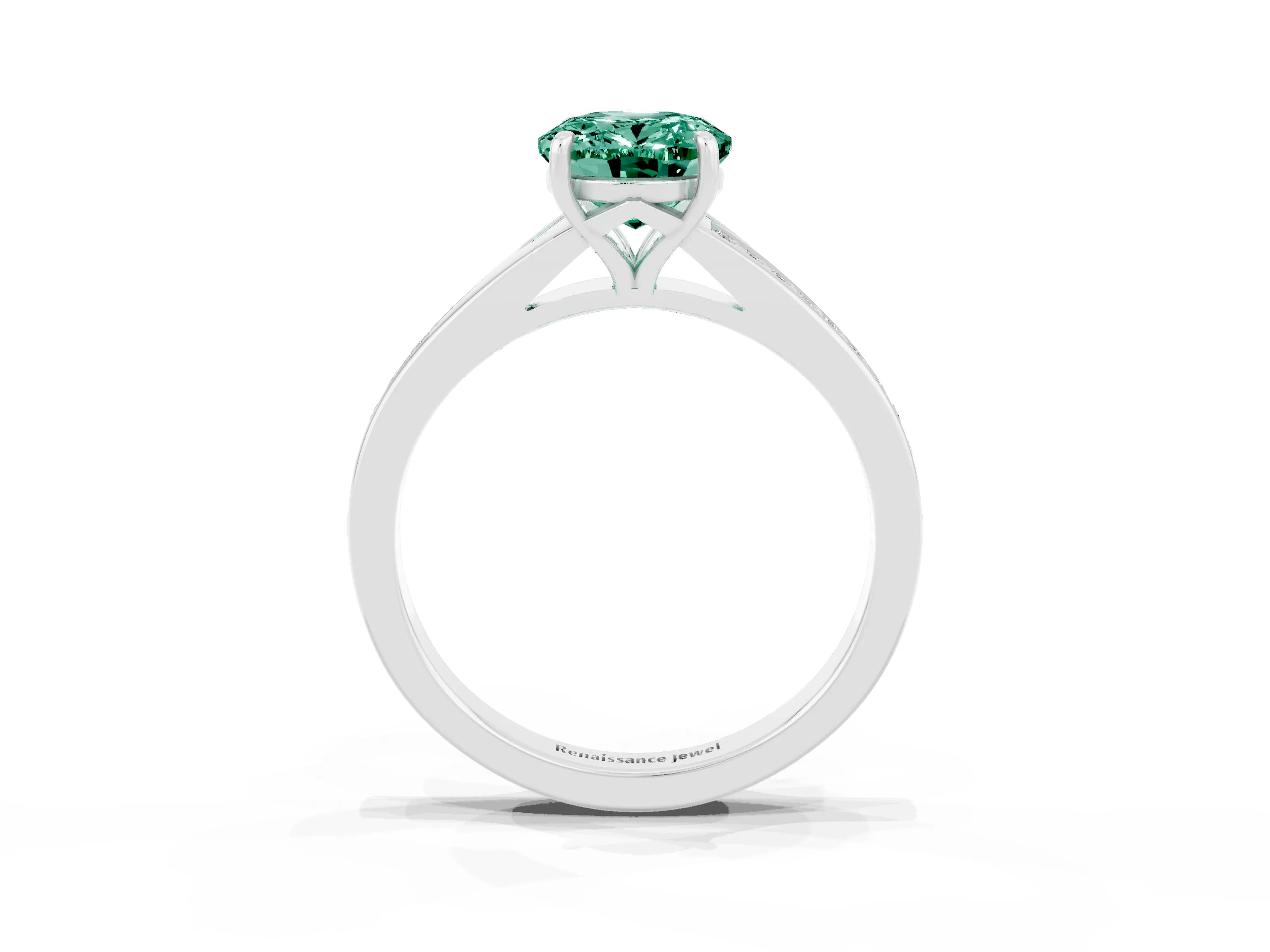 Platinum Oval Cut Green Sapphire Solitaire Ring with Pavé Band and Prong Setting_15