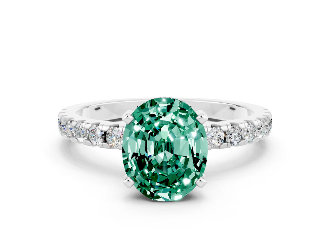 Platinum Oval Cut Green Sapphire Solitaire Ring with Round  Pavé Band and Four-Prong Setting_24