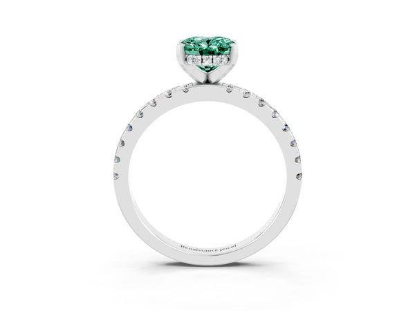 Platinum Oval Cut Green Sapphire Solitaire Ring with Round Pavé Band and Four-Prong Setting