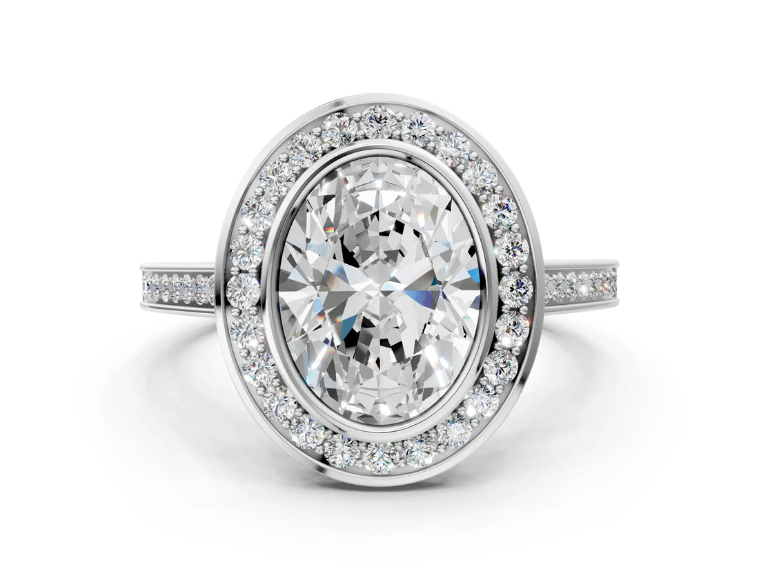 Platinum Oval Cut Halo Bezel Diamond Pave Band Ring_13