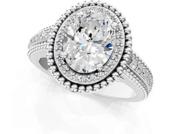 Platinum Oval Beaded Halo Engagement Ring Setting with Pave