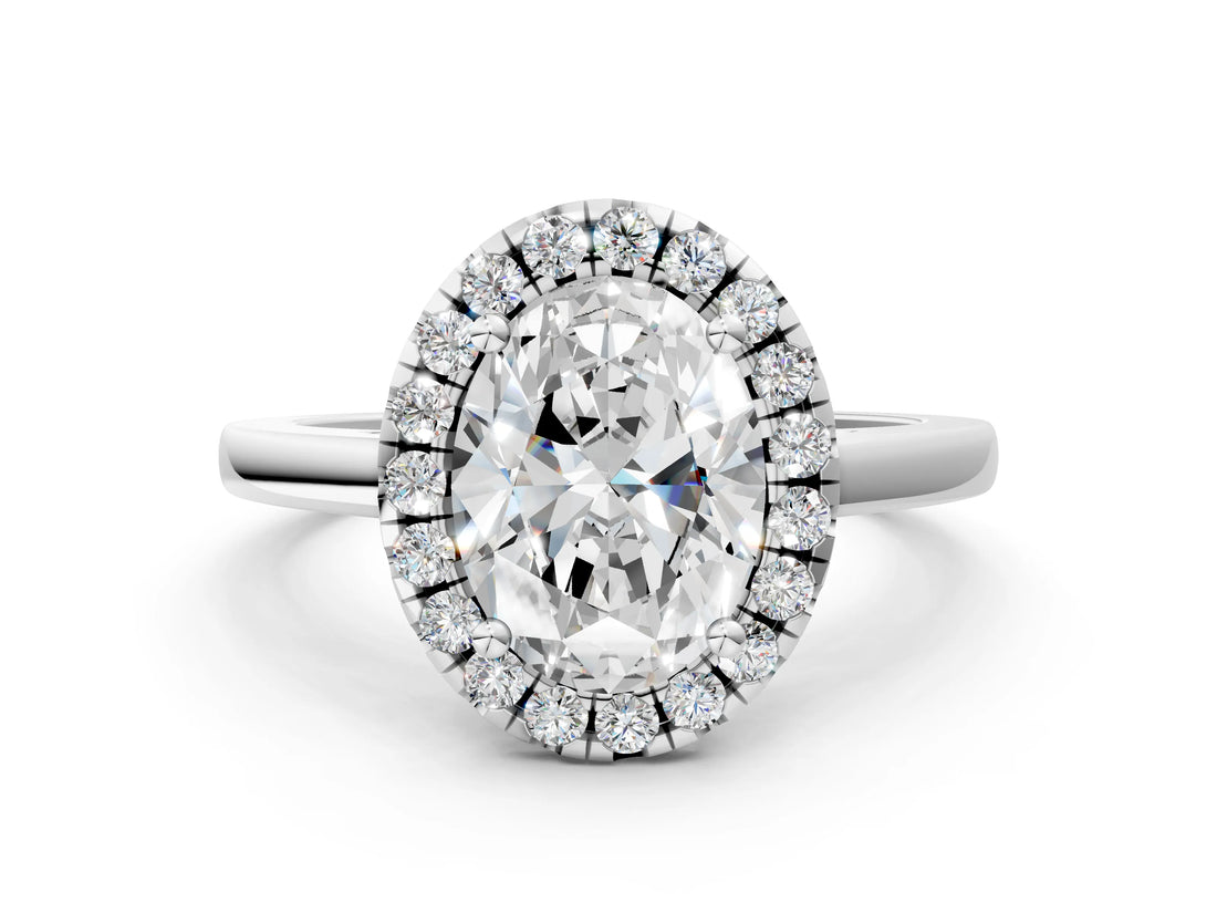 Platinum Oval Cut Halo Diamond Solitaire Ring with Oval Cut Band and Four-Prong Setting_7