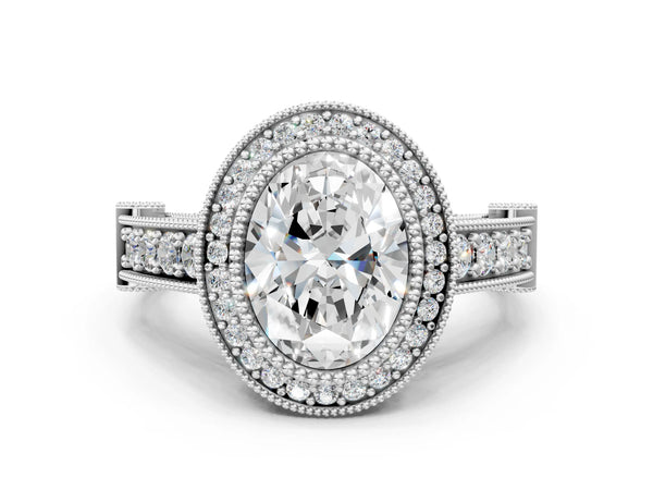 Platinum Oval Vintage Bezel Halo Engagement Ring Setting
