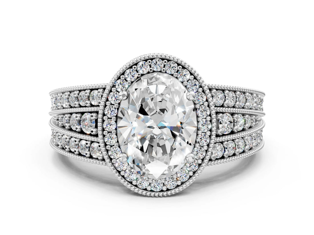 Platinum Oval Cut Halo Diamond Split Shank Ring with Prong Setting_7