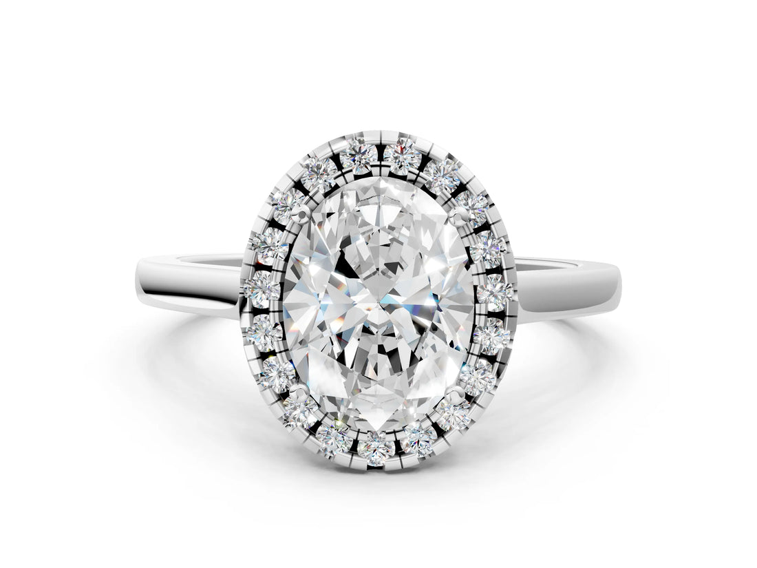 Platinum Oval Cut Halo Round Diamond Solitaire Ring with Pavé Band and Four-Prong Setting_12