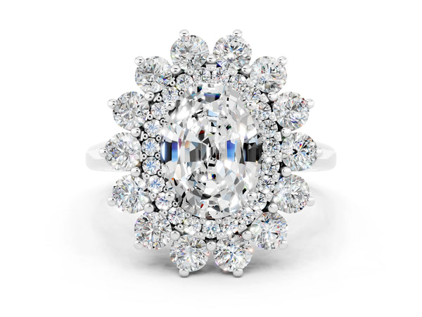 Platinum Oval Cut Moissanite Floral Double Halo Engagement Ring with Prong Setting