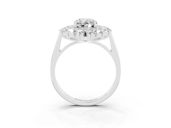 Platinum Oval Cut Moissanite Floral Double Halo Engagement Ring with Prong Setting