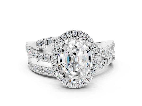Platinum Oval Cut Moissanite Halo Ring with Round Split Shank and Prong Setting