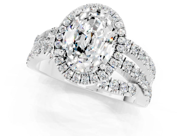 Platinum Oval Cut Moissanite Halo Ring with Round Split Shank and Prong Setting