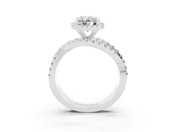 Platinum Oval Cut Moissanite Halo Ring with Round Split Shank and Prong Setting
