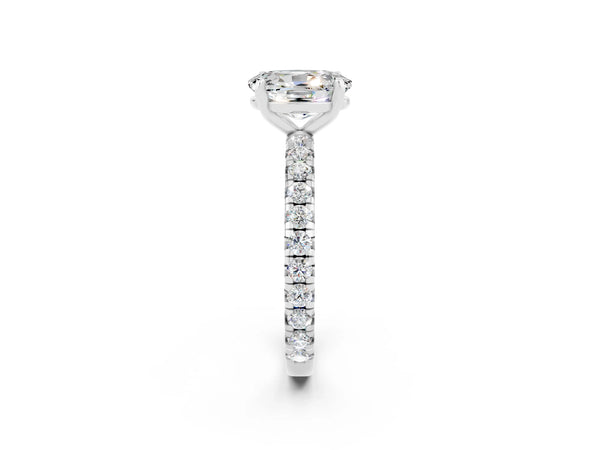 Platinum Oval Cut Moissanite Pavé Solitaire Ring with Round Band and Prong Setting