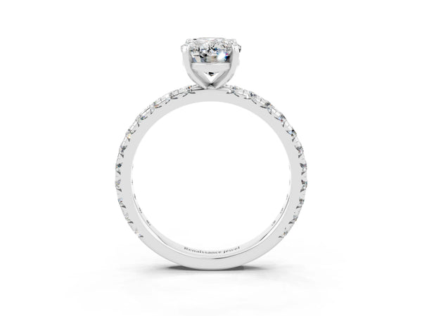 Platinum Oval Cut Moissanite Pavé Solitaire Ring with Round Band and Prong Setting