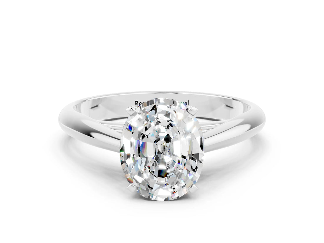 Platinum Oval Cut Moissanite Solitaire Engagement Ring with Cathedral Setting and Four-Prong Mount